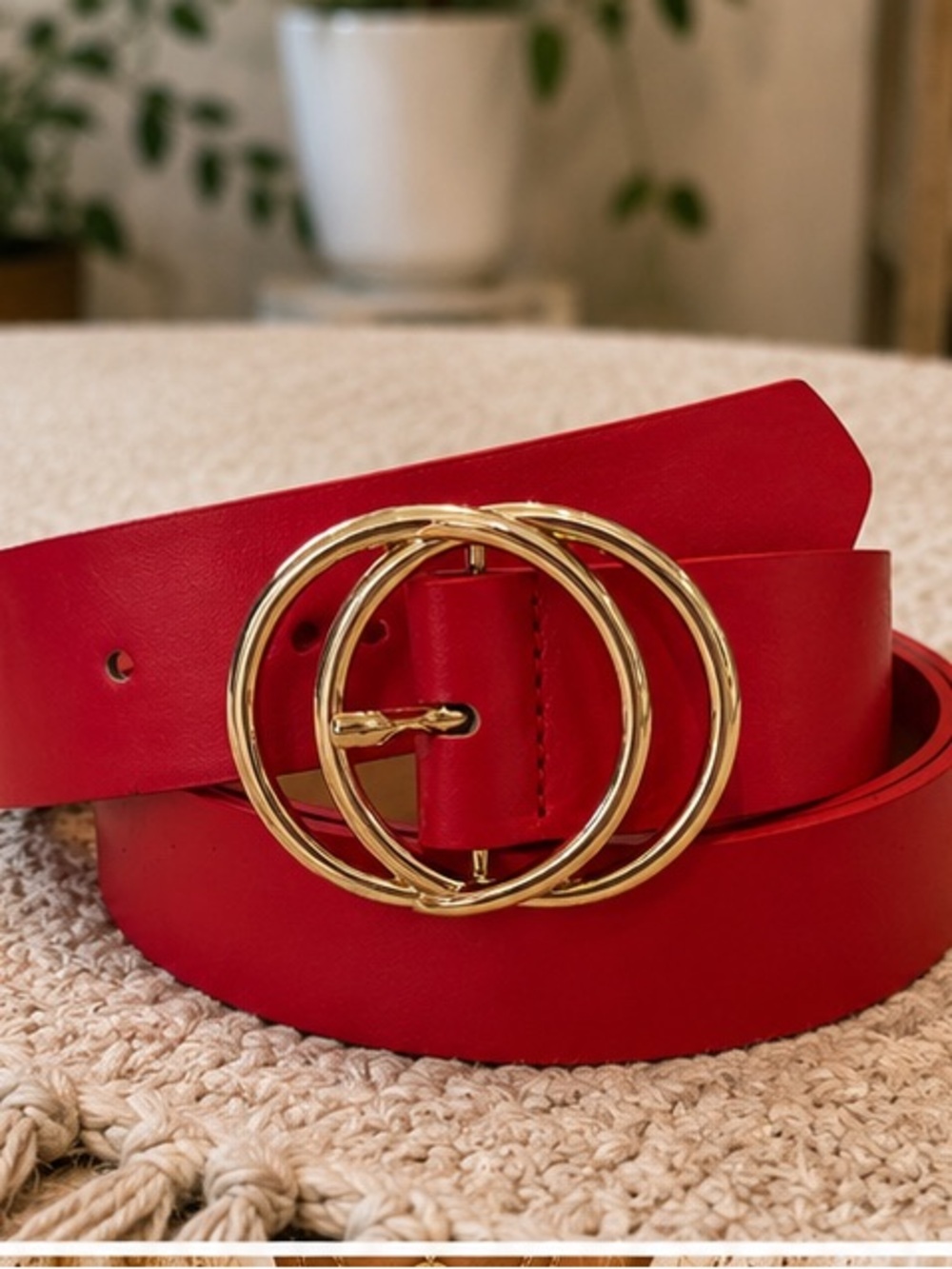 NWT Luxe Red Gold Double Ring Buckle Belt